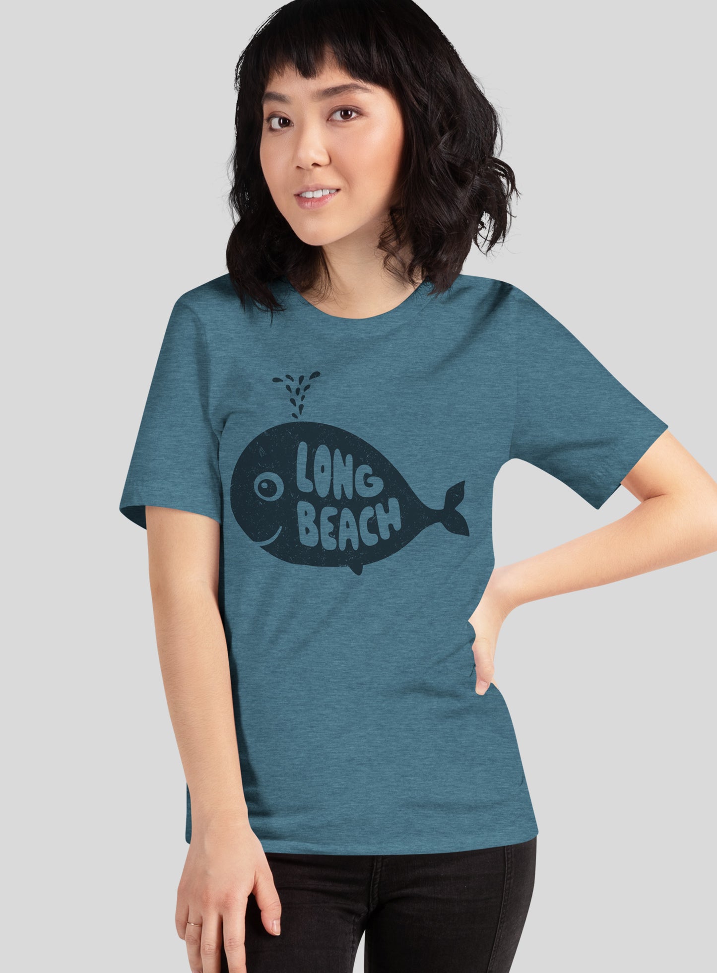 Unisex: Long Beach Whale Tee - Heather Deep Teal