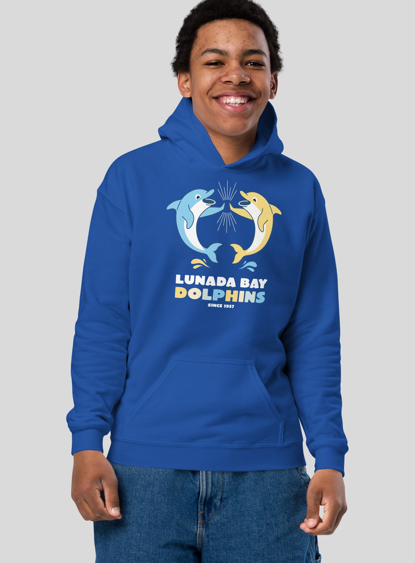 Youth: Lunada Bay Dolphins High-Five Pullover Hoodie - Royal