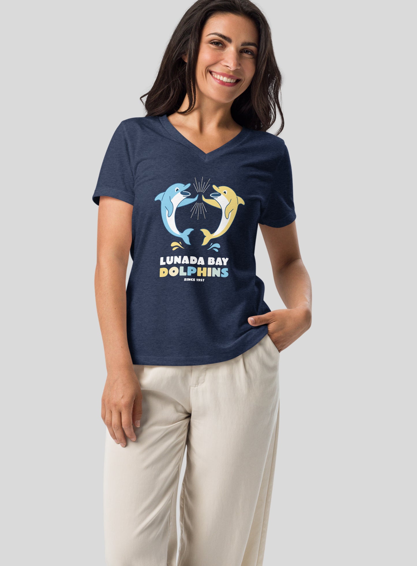 V-Neck: Lunada Bay Dolphins High-Five - Heather Navy