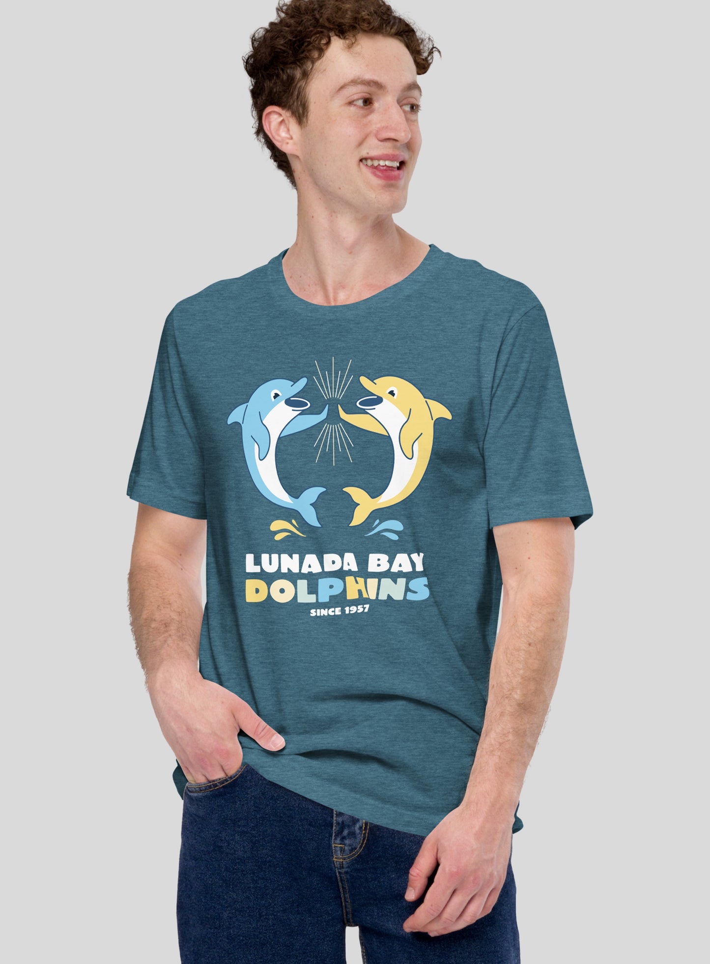 Unisex: Lunada Bay Dolphins High-Five Tee - Heather Deep Teal