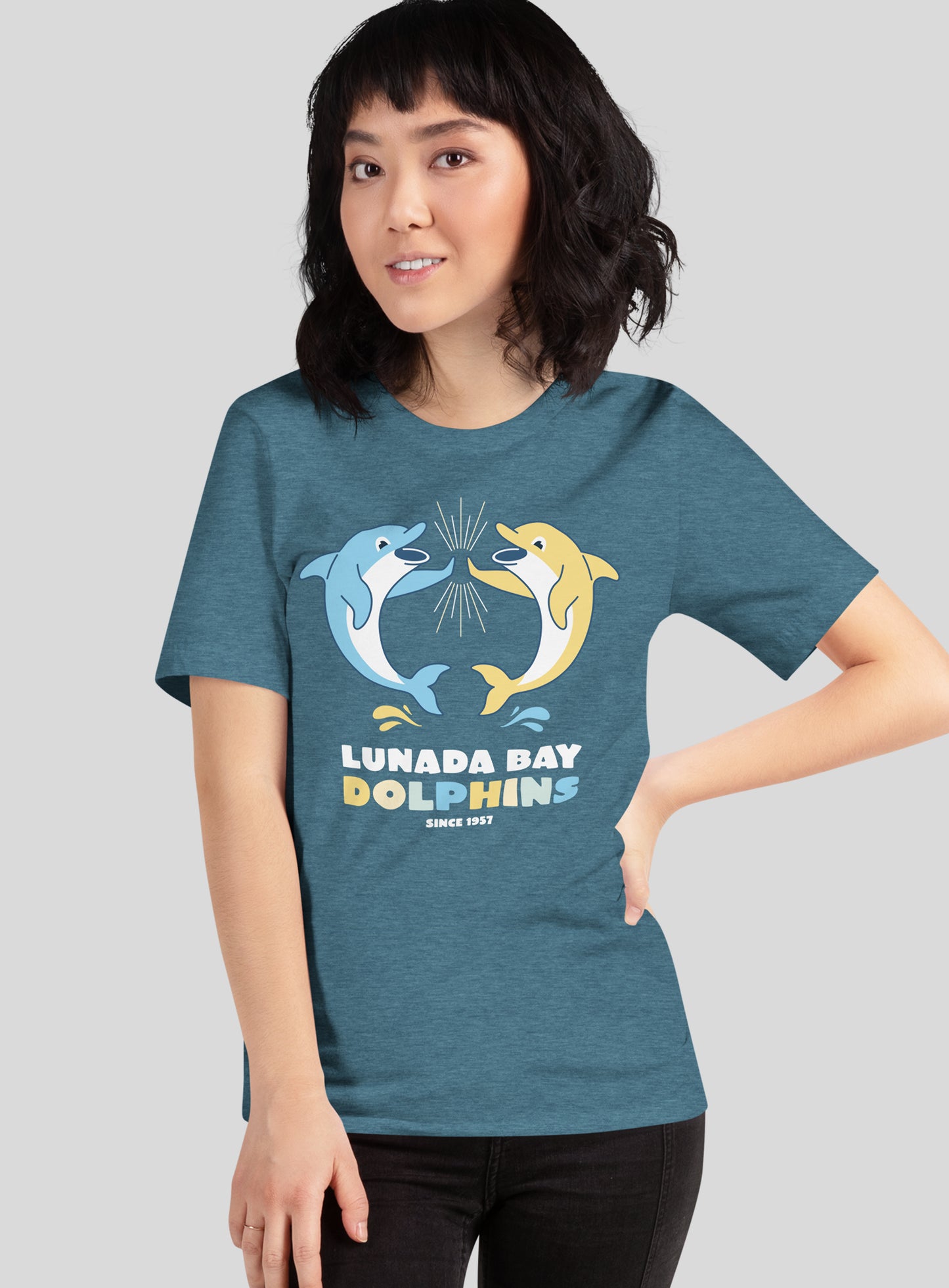 Unisex: Lunada Bay Dolphins High-Five Tee - Heather Deep Teal