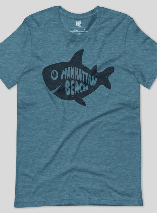 Unisex: Manhattan Beach Shark Tee - Heather Deep Teal