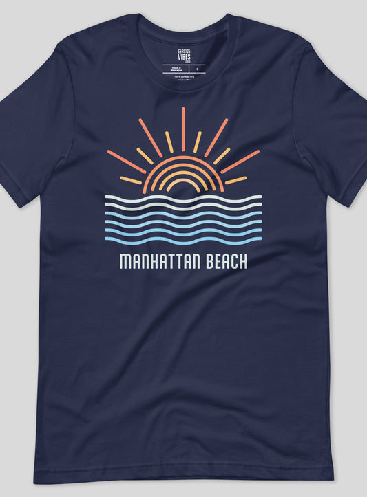 Unisex: Manhattan Beach Wavy Sunset Tee - Navy