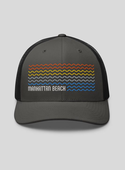 Manhattan Beach Sunset Waves Trucker Hat - Charcoal / Black