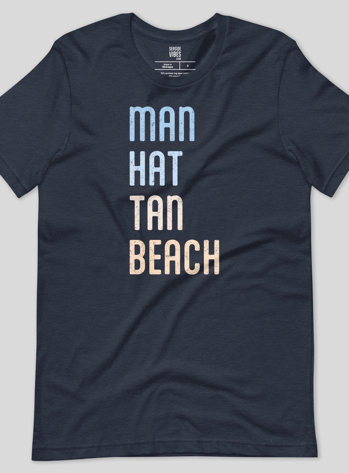 Unisex: Man Hat Tan Beach Tee - Heather Navy