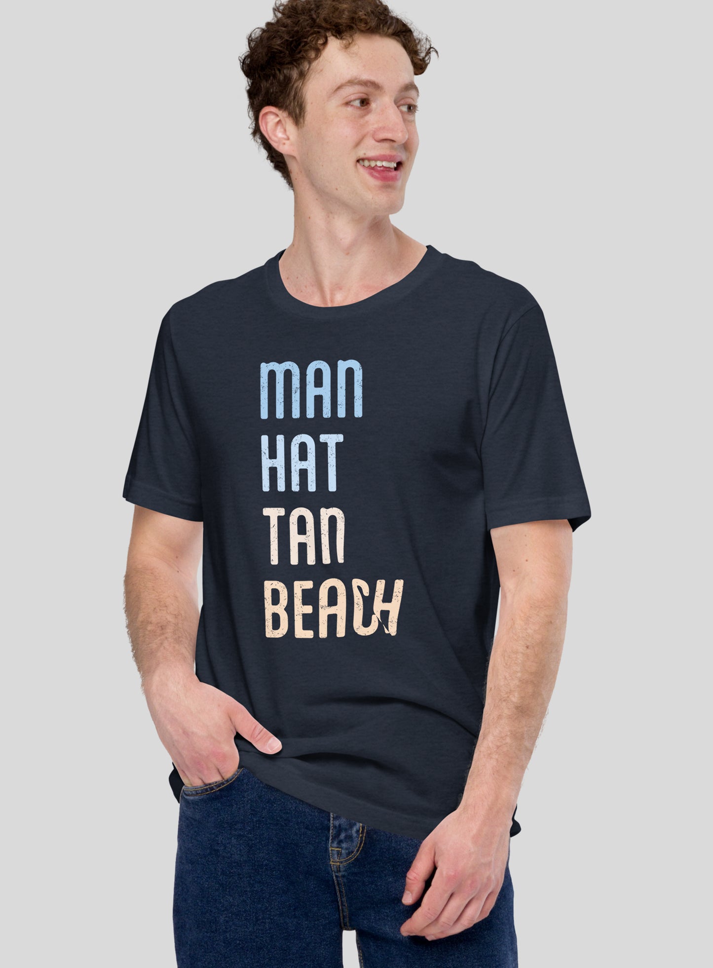 Unisex: Man Hat Tan Beach Tee - Heather Navy