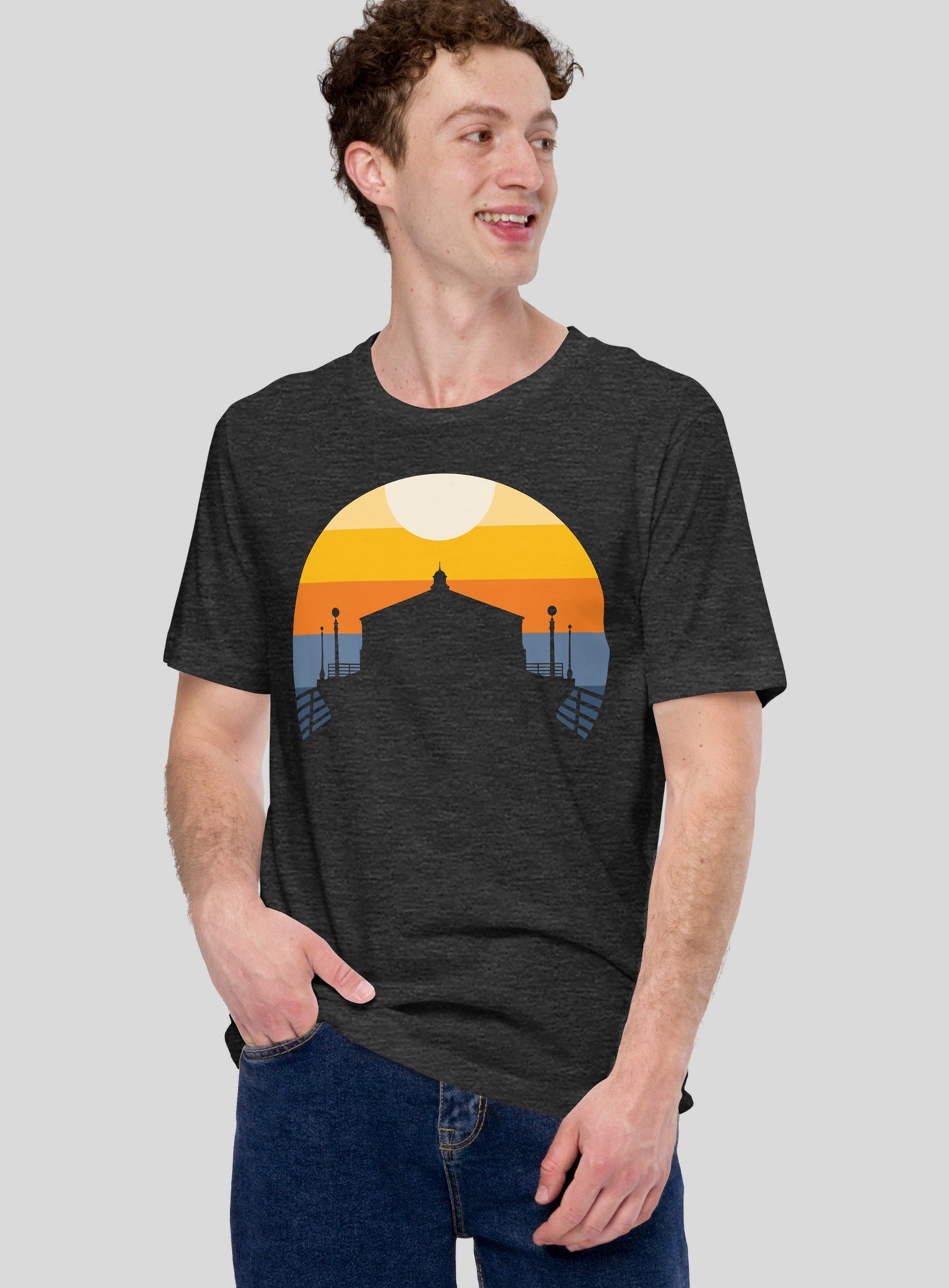 Unisex: Manhattan Beach Pier Sunset Tee - Dark Grey Heather