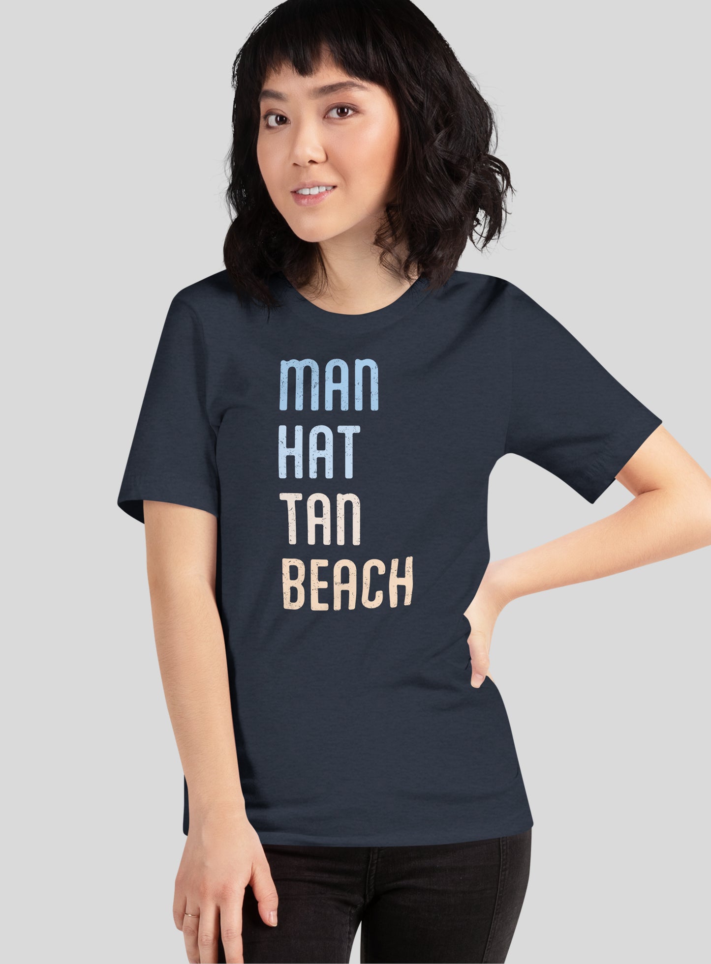 Unisex: Man Hat Tan Beach Tee - Heather Navy