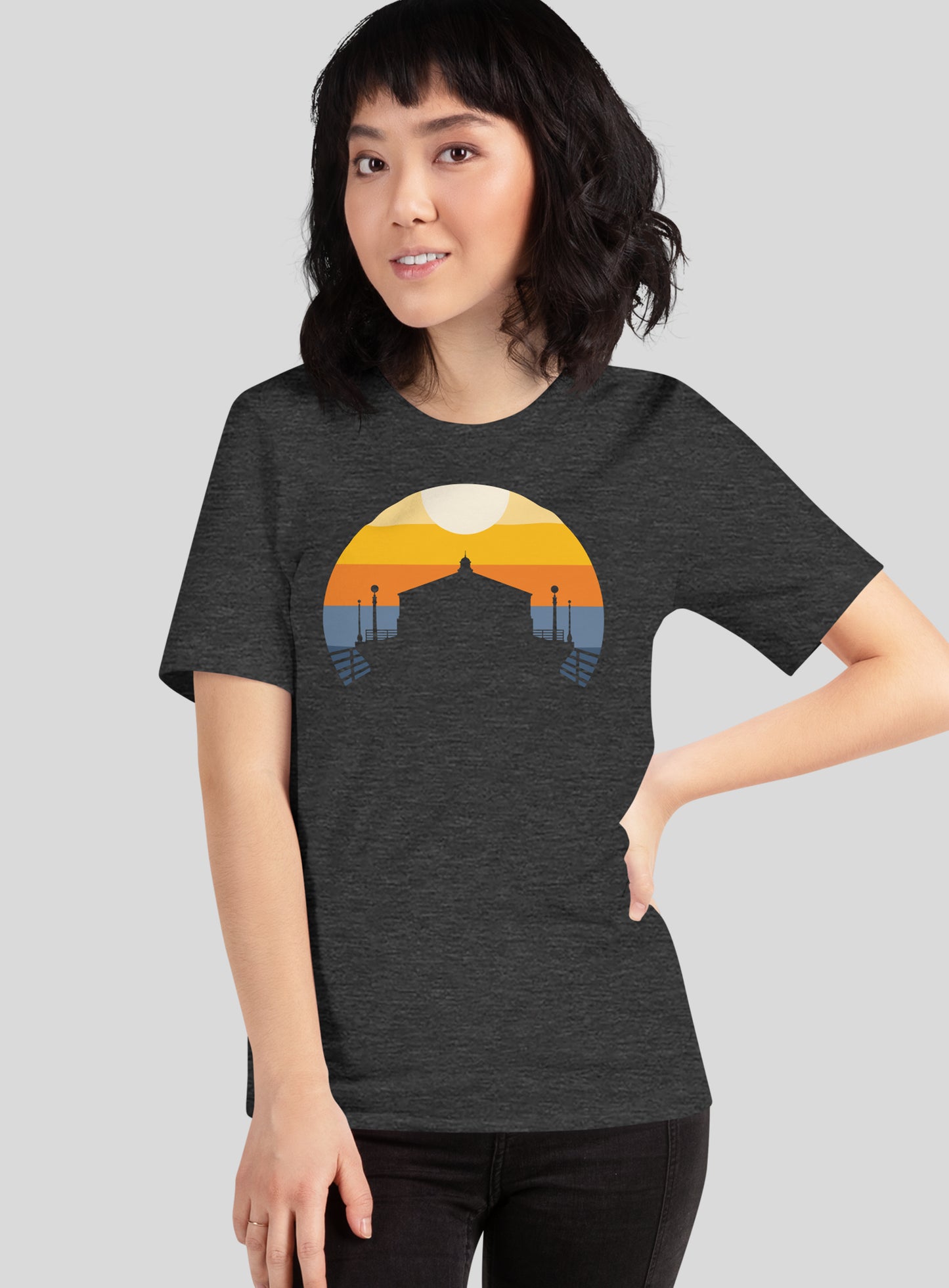 Unisex: Manhattan Beach Pier Sunset Tee - Dark Grey Heather