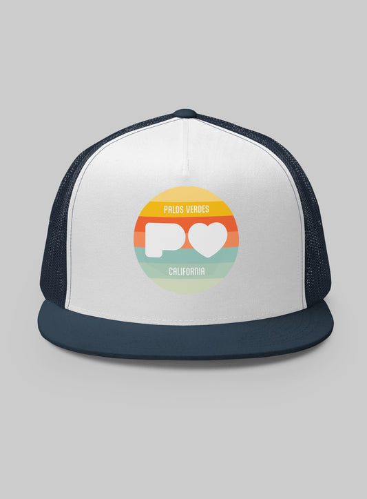 Palos Verdes Sunset Logo Trucker Hat (Flat Brim) - Navy/White