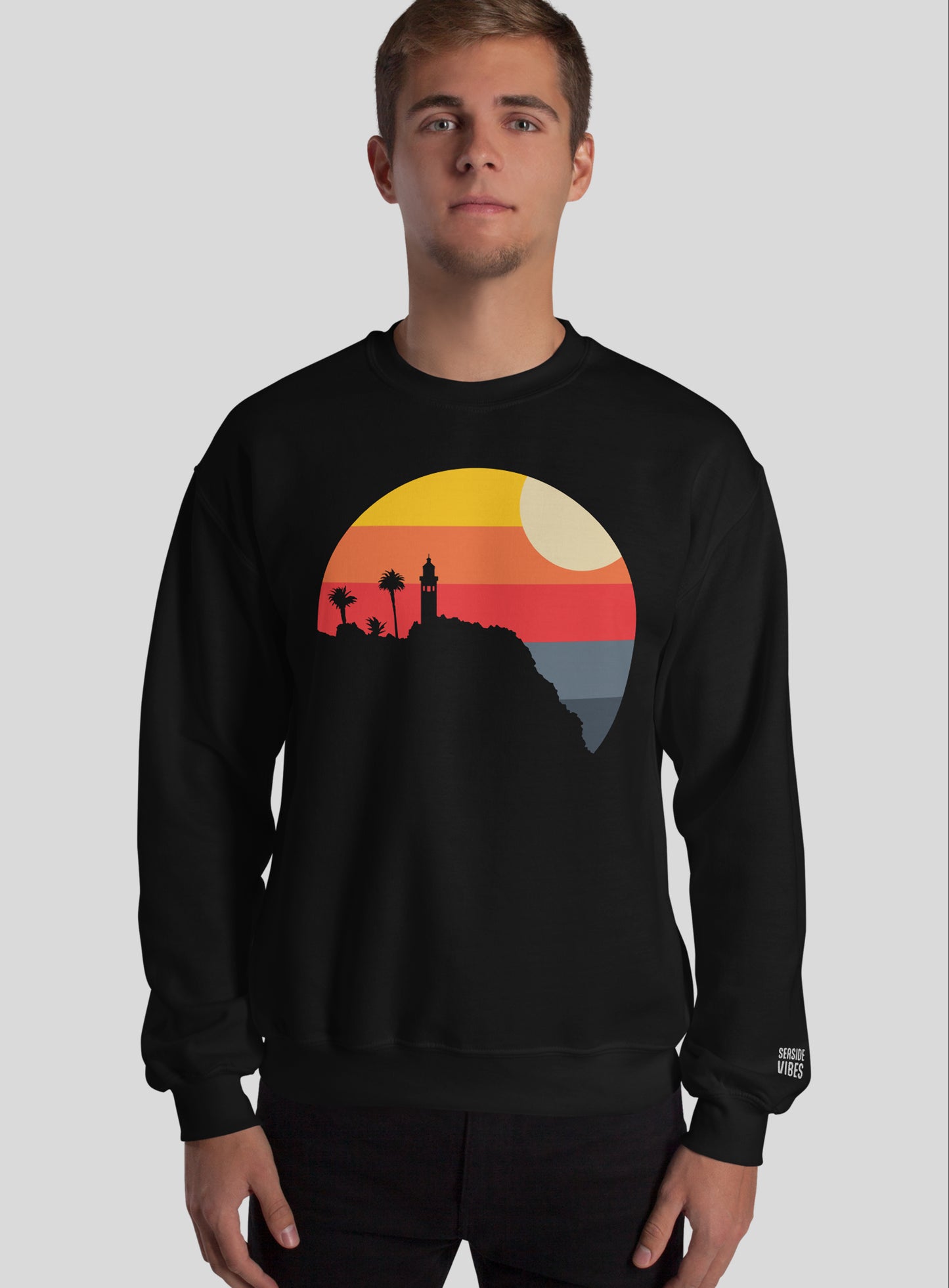 Unisex: Palos Verdes Point Vicente Sunset Crew Neck Sweatshirt - Black