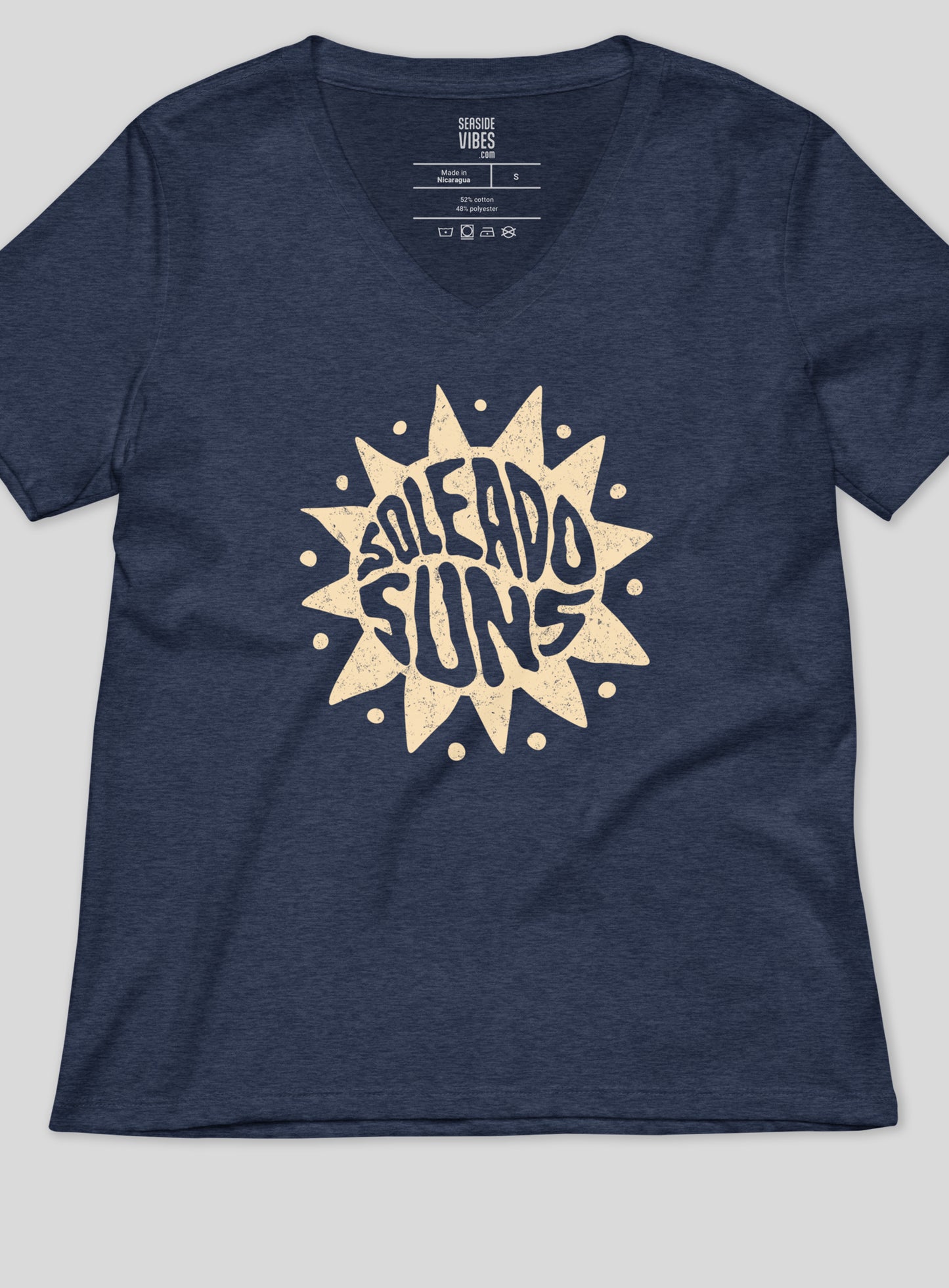 V-Neck: Soleado Groovy Suns Tee - Heather Navy