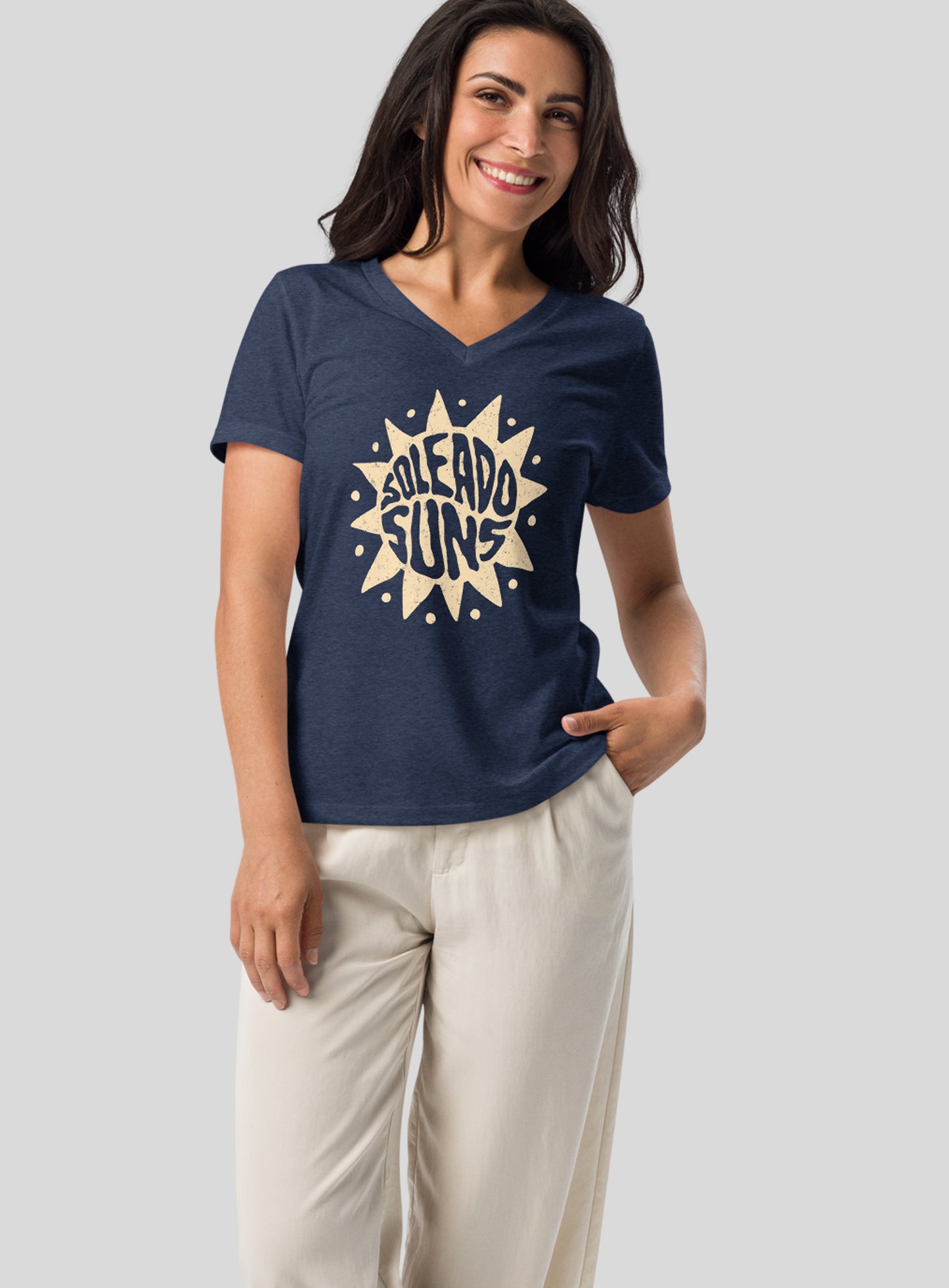 V-Neck: Soleado Groovy Suns Tee - Heather Navy