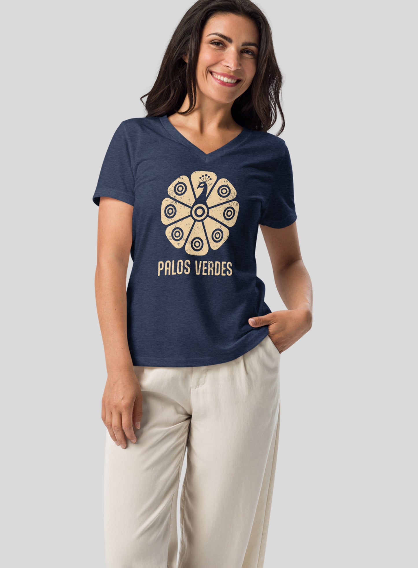 V-Neck: Tribal Peacock - Heather Navy