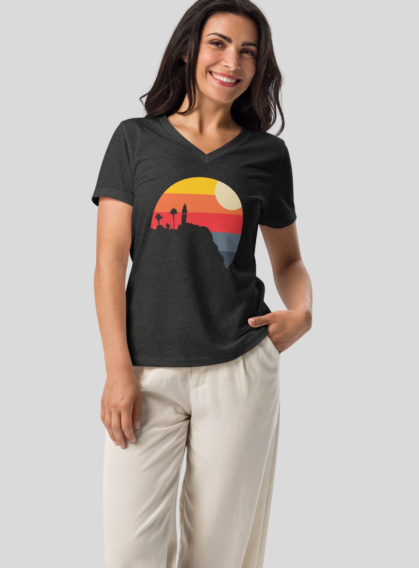 V-Neck: Point Vicente Sunset Tee - Dark Grey Heather