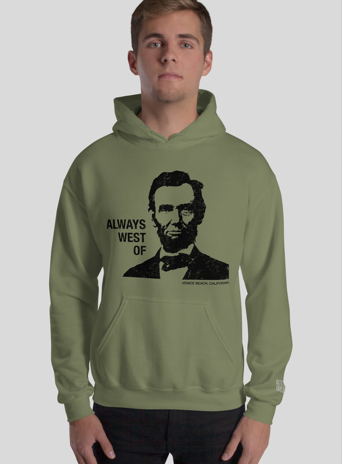 Unisex: Always West of Lincoln Pullover Hoodie - Olive