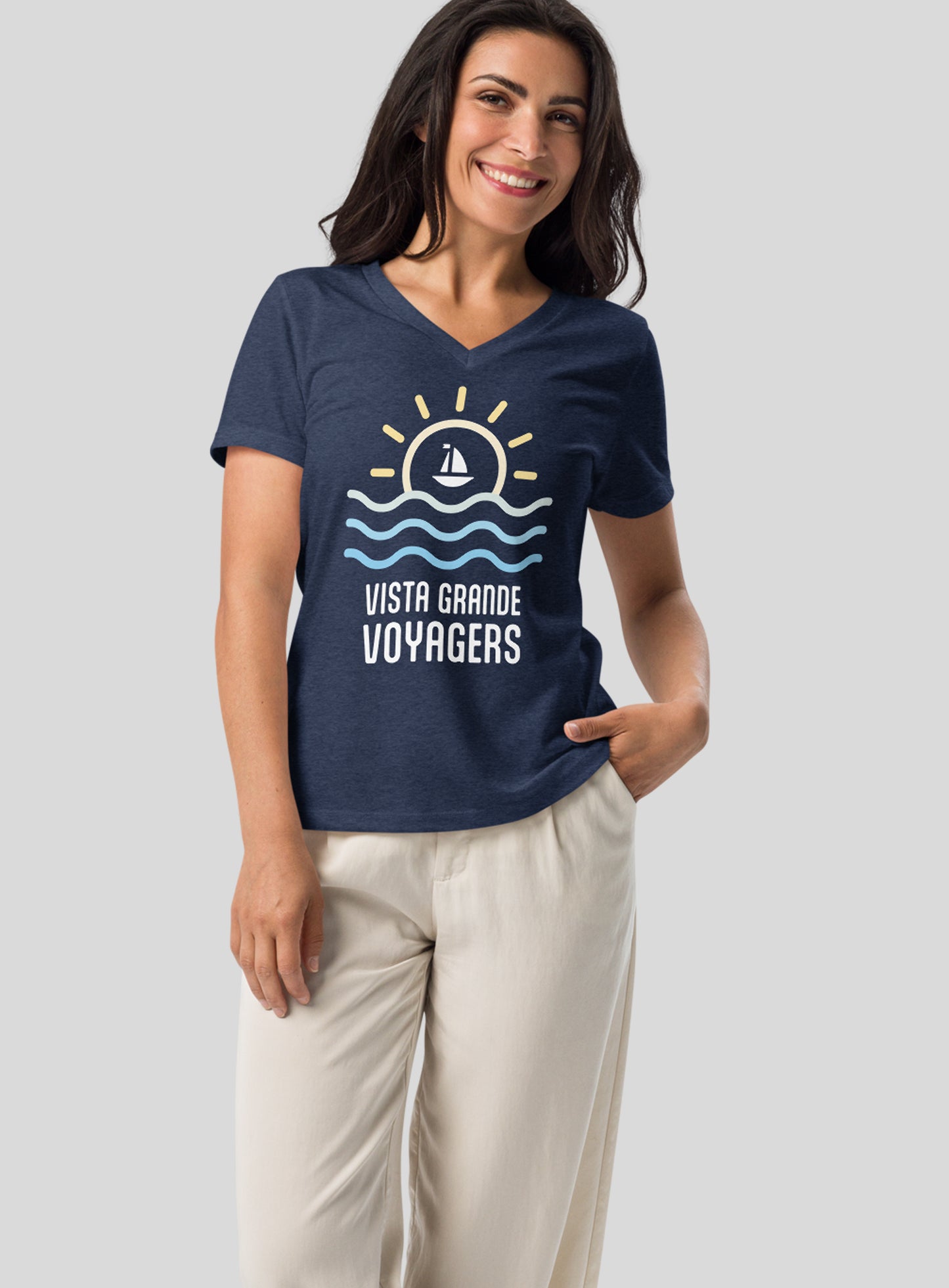 V-Neck: VG Voyagers Sun Tee - Heather Navy