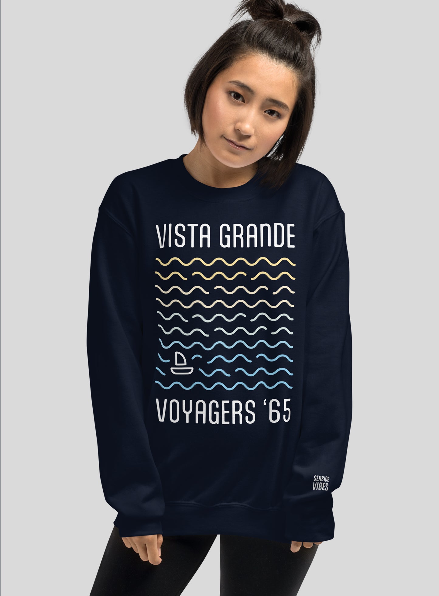 Unisex: Vista Grande Waves Crew Neck Sweatshirt - Navy