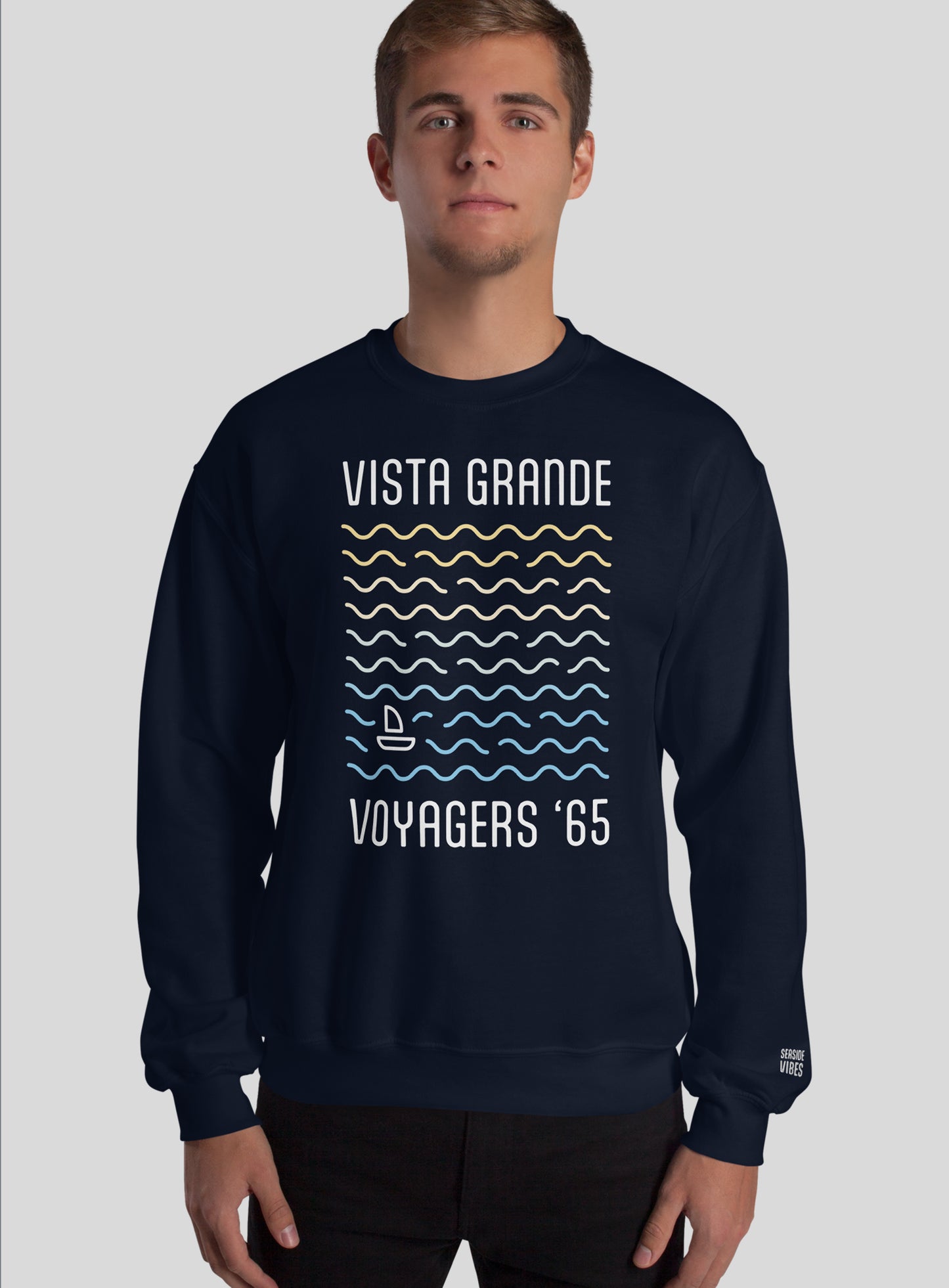 Unisex: Vista Grande Waves Crew Neck Sweatshirt - Navy