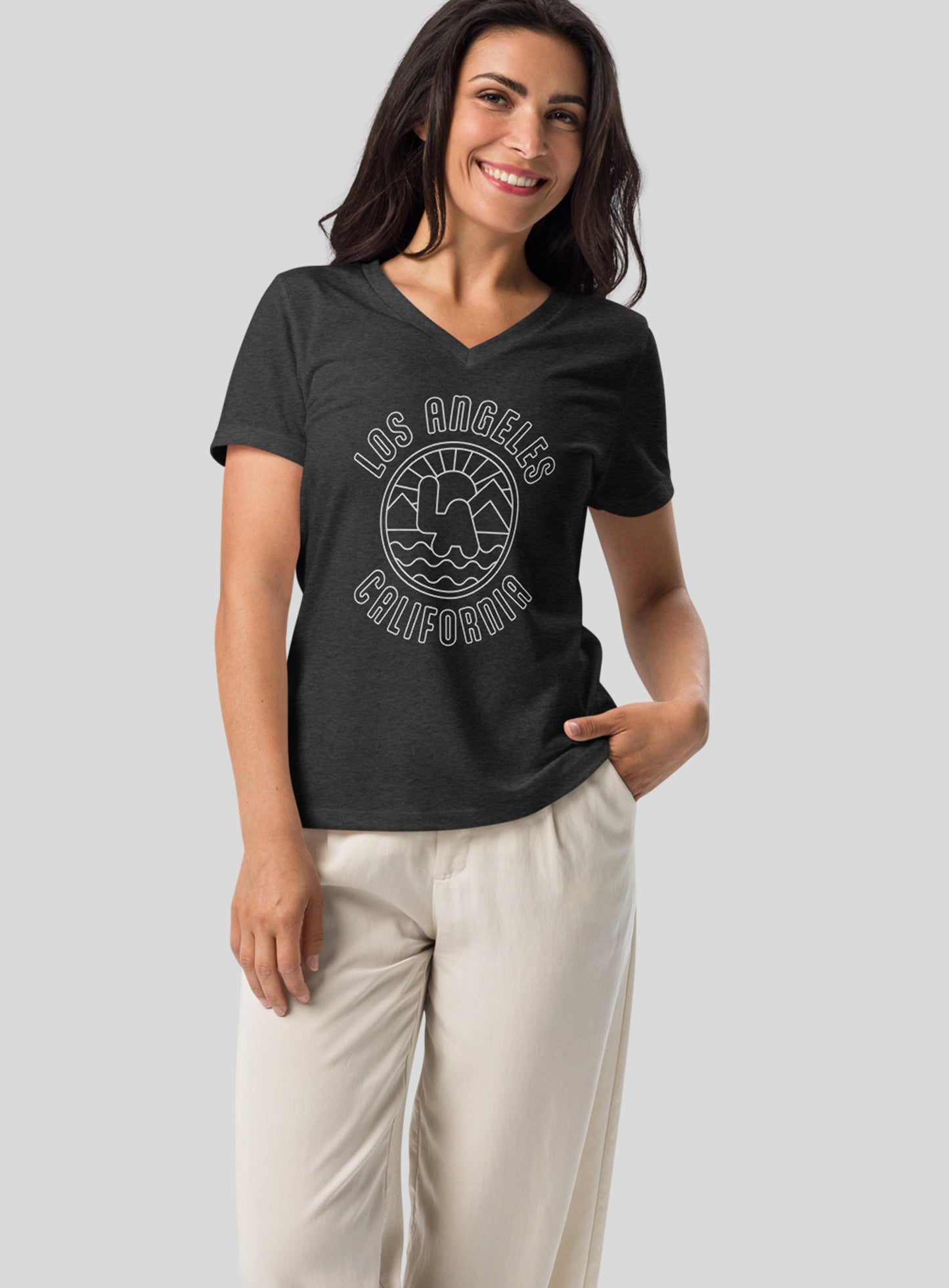 V-Neck: Los Angeles Sunrise Tee - Dark Grey Heather